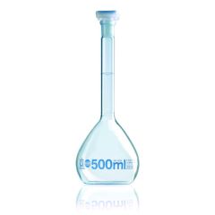 Messkolben 50 ml, NS 14/23 BLAUBRAND, Kl. A, KB, Boro 3.3, PP-Stopfen