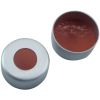Alu-Bördelkappen Ø11mm farblos lackiert, mit Loch, Naturkauttschuk rot-orange/ Butyl rot EF transparent, 45° shore A