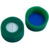 Kurzgewindekappe 9mm PP, grün, mit Loch,Silicon weiß/PTFE blau 55° shore A, 1,0mm, geschlizt